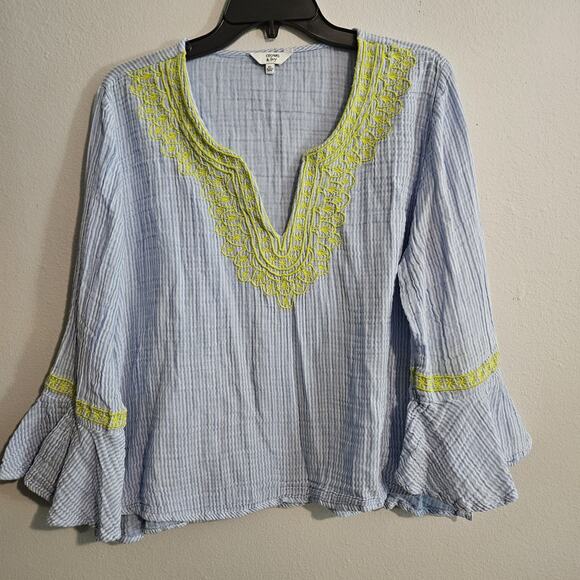Crown & Ivy Blue White Striped Lime Embroidered Blouse Bell Sleeves Size XL - Picture 1 of 8